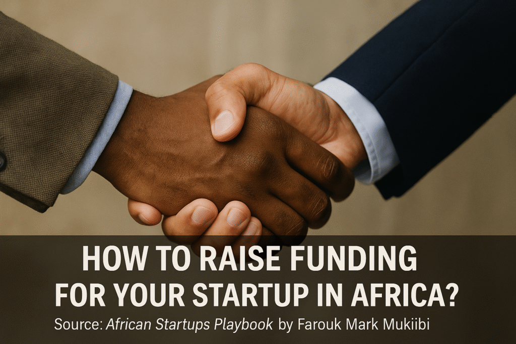 Diverse African startup founder and investor shaking hands, symbolizing trust and Minimum Viable Relationships (MVR) as the best framework for raising funding and capital in high-context markets, inspired by The African Startups Playbook by Farouk Mark Mukiibi (2025)